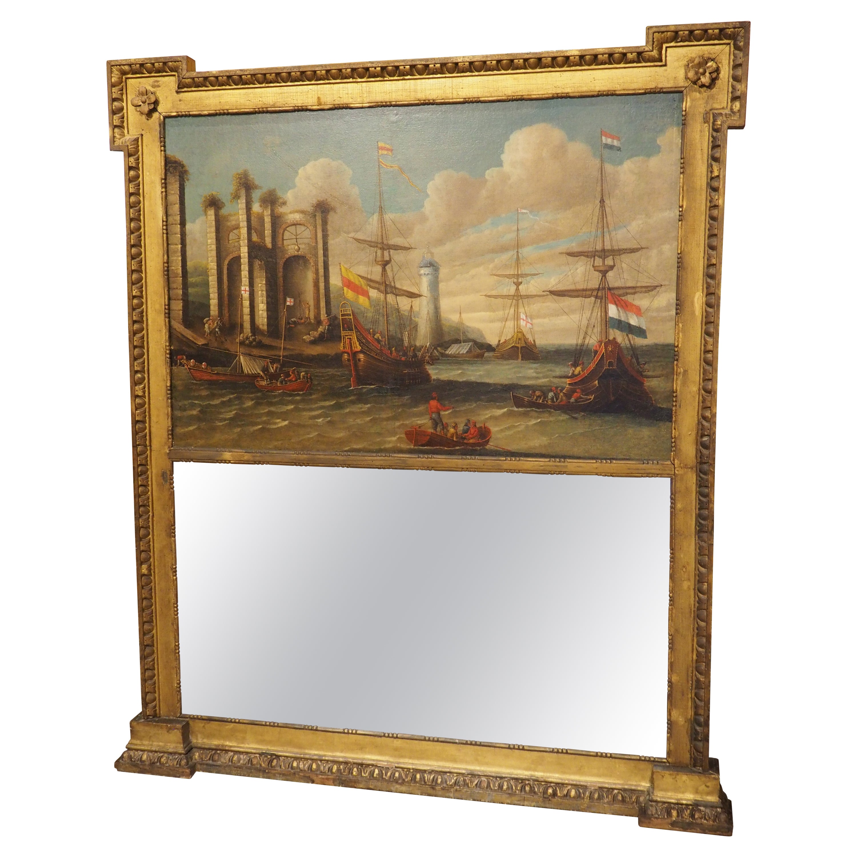 Antique Italian Giltwood Trumeau Mirror with Harbor Scene Oil Painting, C. 1780 For Sale