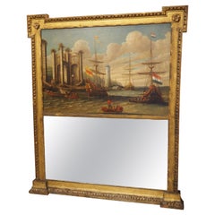 Antique Italian Giltwood Trumeau Mirror with Harbor Scene Oil Painting, C. 1780