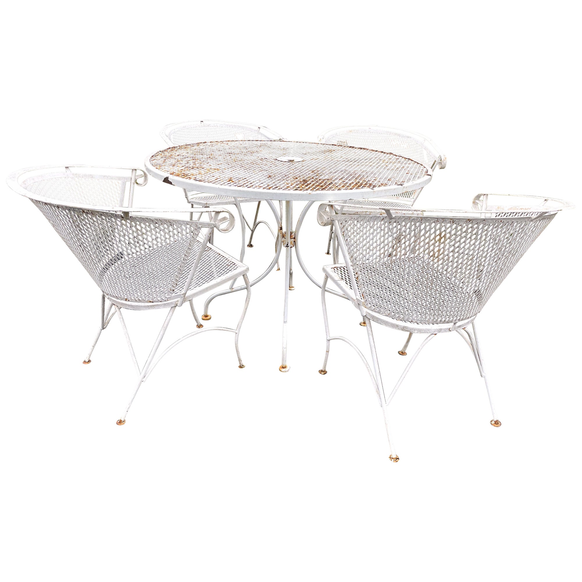 Russell Woodard Runder Mesh-Terrassentisch & 4er-Set aus Stühlen