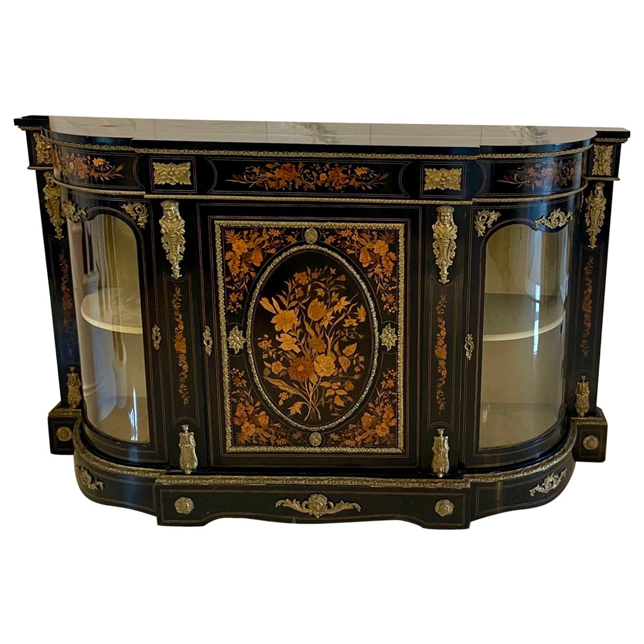 Outstanding Quality Antique Ebonised and Inlaid Floral Marquetry Credenza For Sale