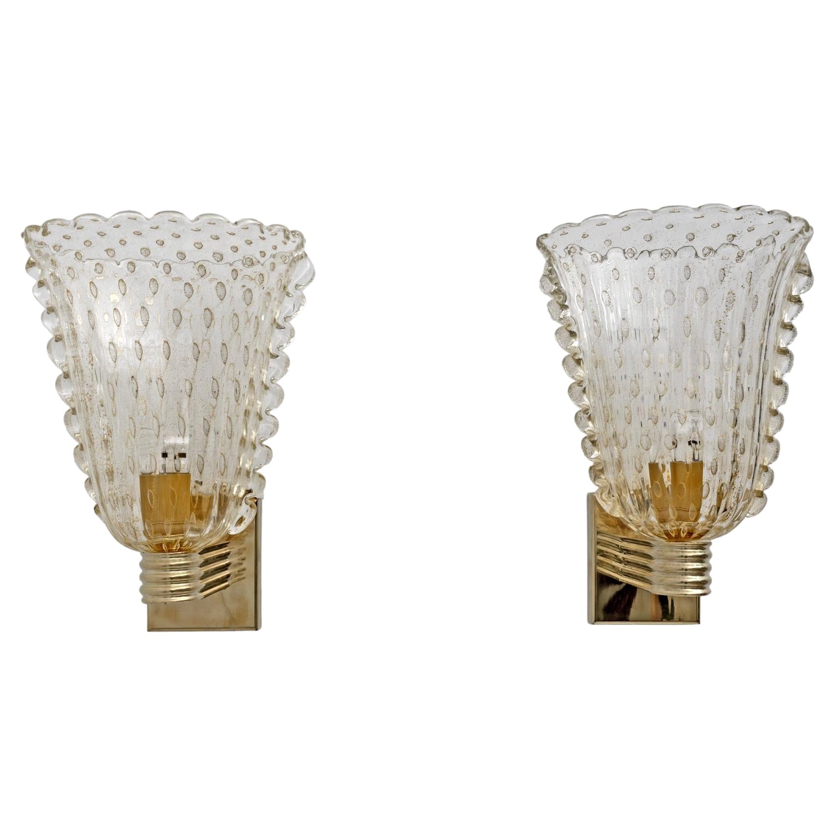 Attributed to Barovier & Toso Brass and Pulegoso Murano Glass Sconces, Pair For Sale