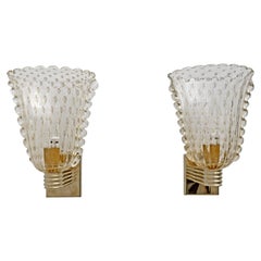 Retro Attributed to Barovier & Toso Brass and Pulegoso Murano Glass Sconces, Pair