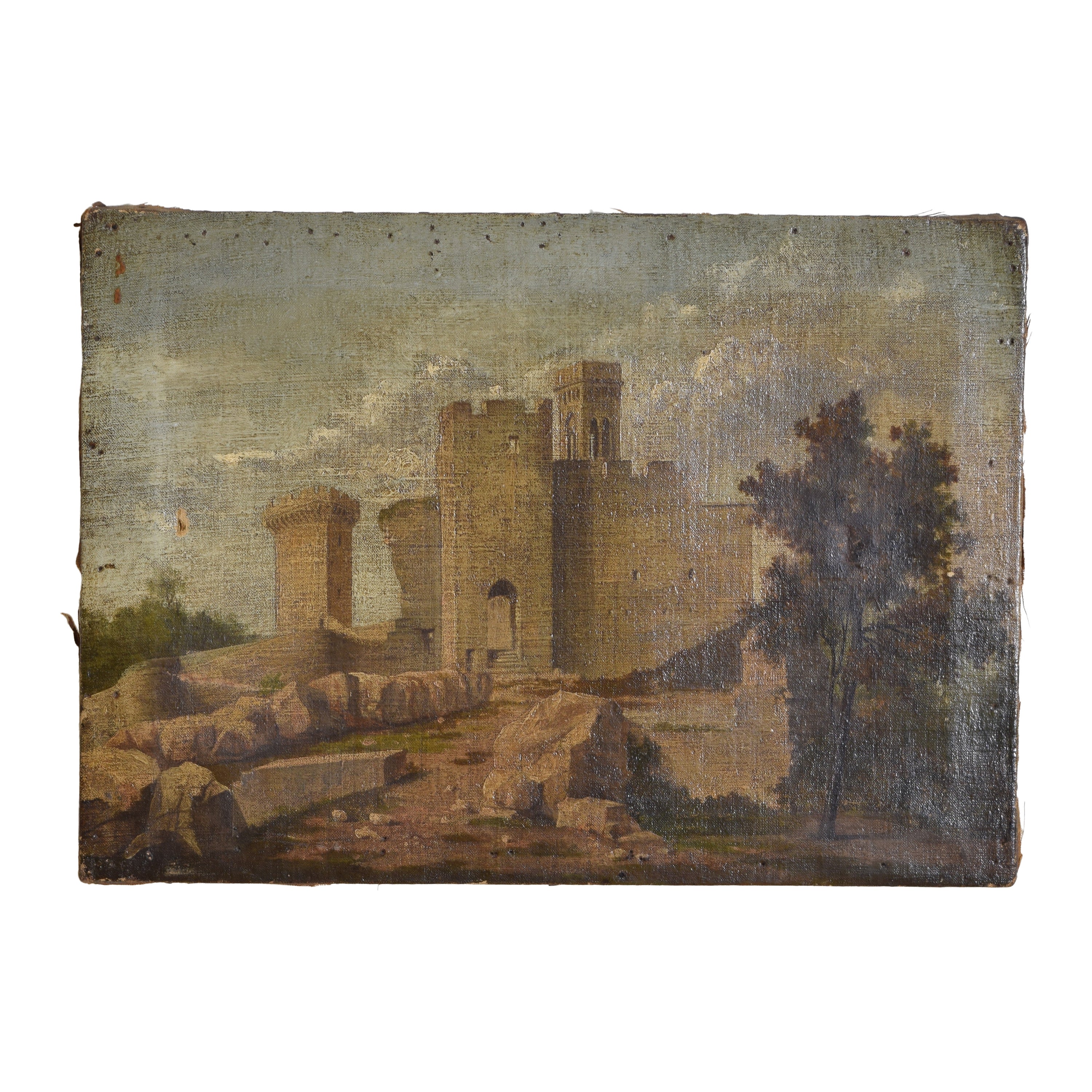French Mid-19th Century Oil on Canvas, "Landscape with Ruins" Gibelin, Artist For Sale