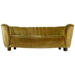 Three-Seat Sofa with Green Velour Upholstery, Denmark, 1940s
