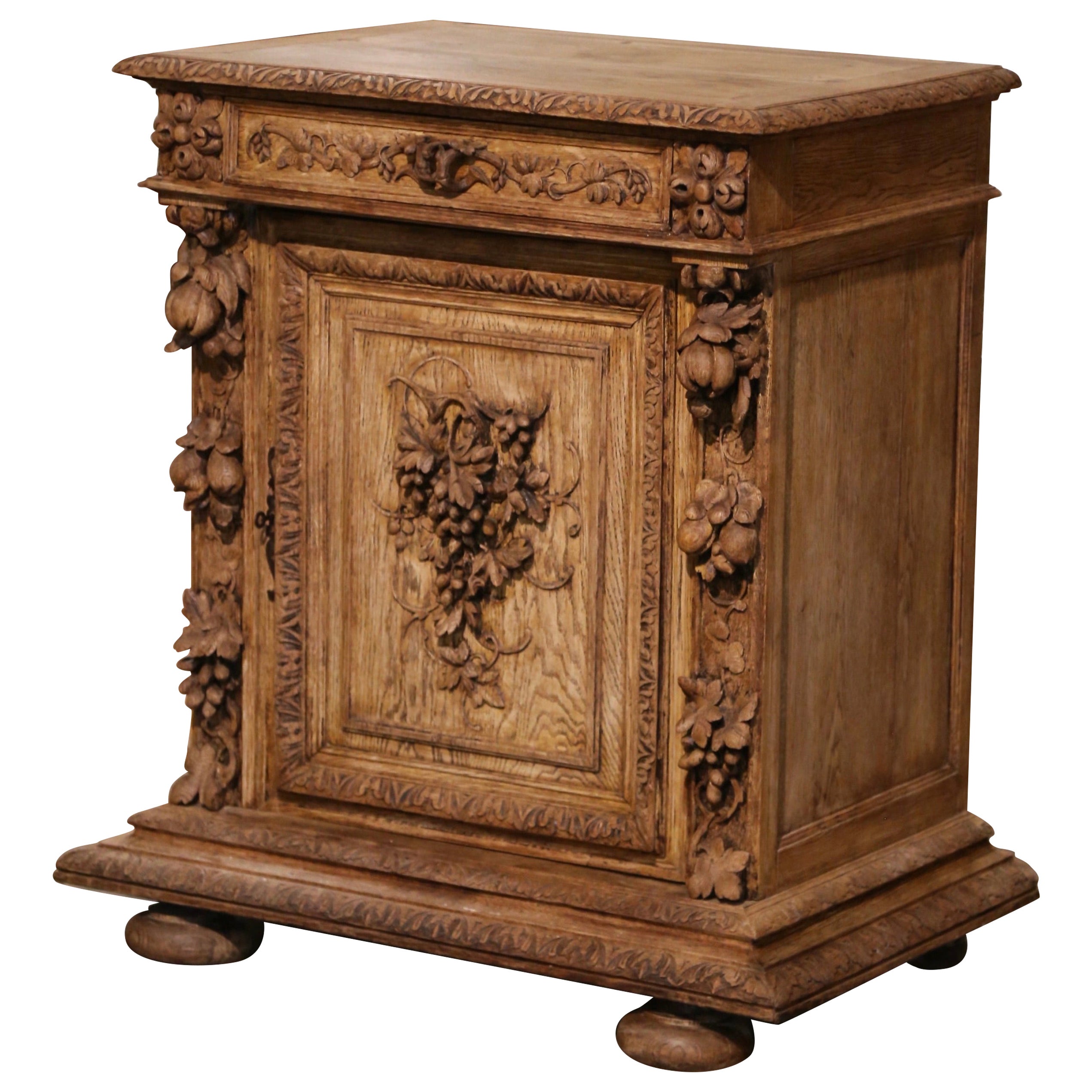 19th Century French Henri II Carved Bleached Oak Jelly Cabinet with Vine Motifs For Sale