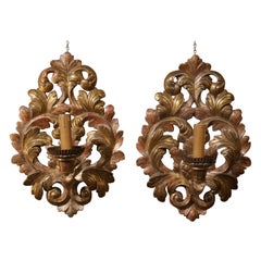 Antique Pair of 19th Century French Carved Giltwood Wall Sconces with Leaf Motifs