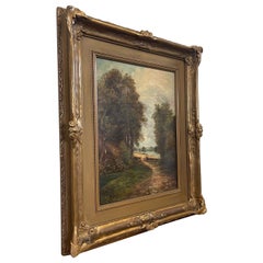 Antique 1914 Original Signed Landscape Painting Circa 1920 Gold Toned Framing.