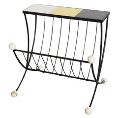 Mid-Century Multi-Colored Tiled Side Table with Black Frame and Magazine Rack