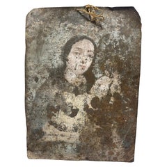 Colonial Mexican Folk Art Ex-Voto Retablo Painting of Mother Mary & Jesus, 1800s