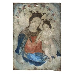 Quadro di arte popolare messicana Coloni Ex-Voto Retablo con Madre Maria e Gesù, 1800