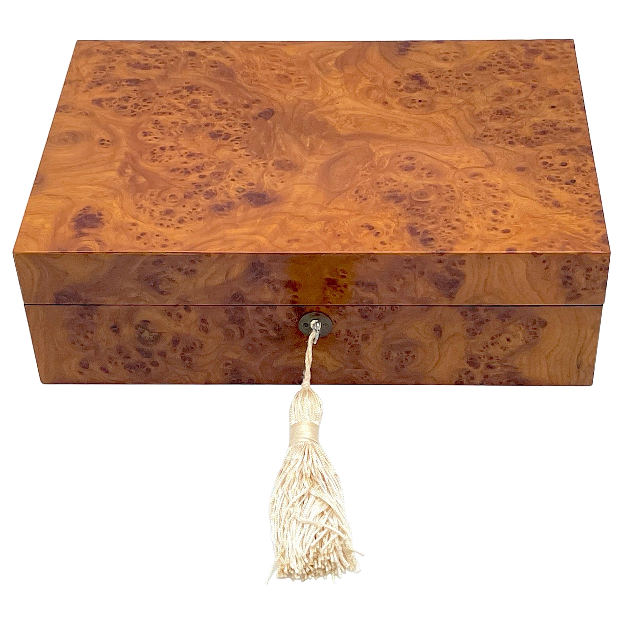 Modern Italian Carpathian Burl Wood Humidor with Tasseled Key