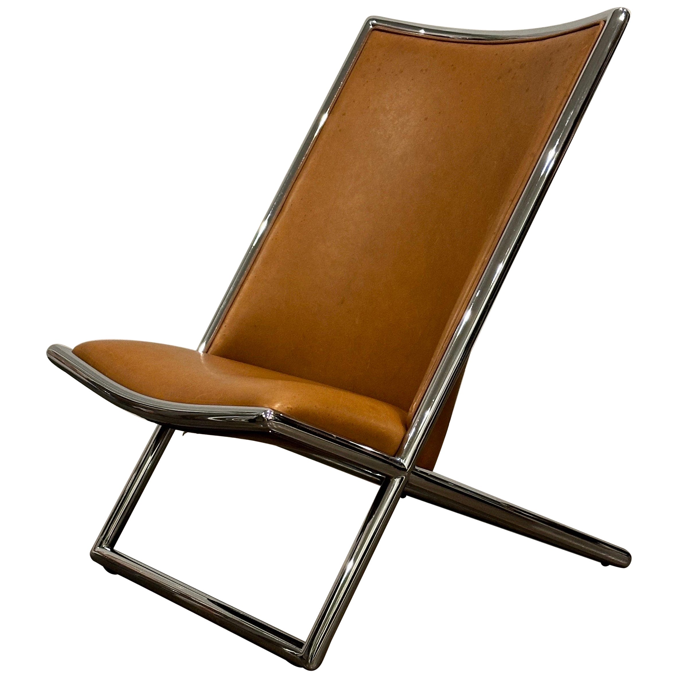 Chaise à ciseaux de The Bennett en cuir Brown original en vente