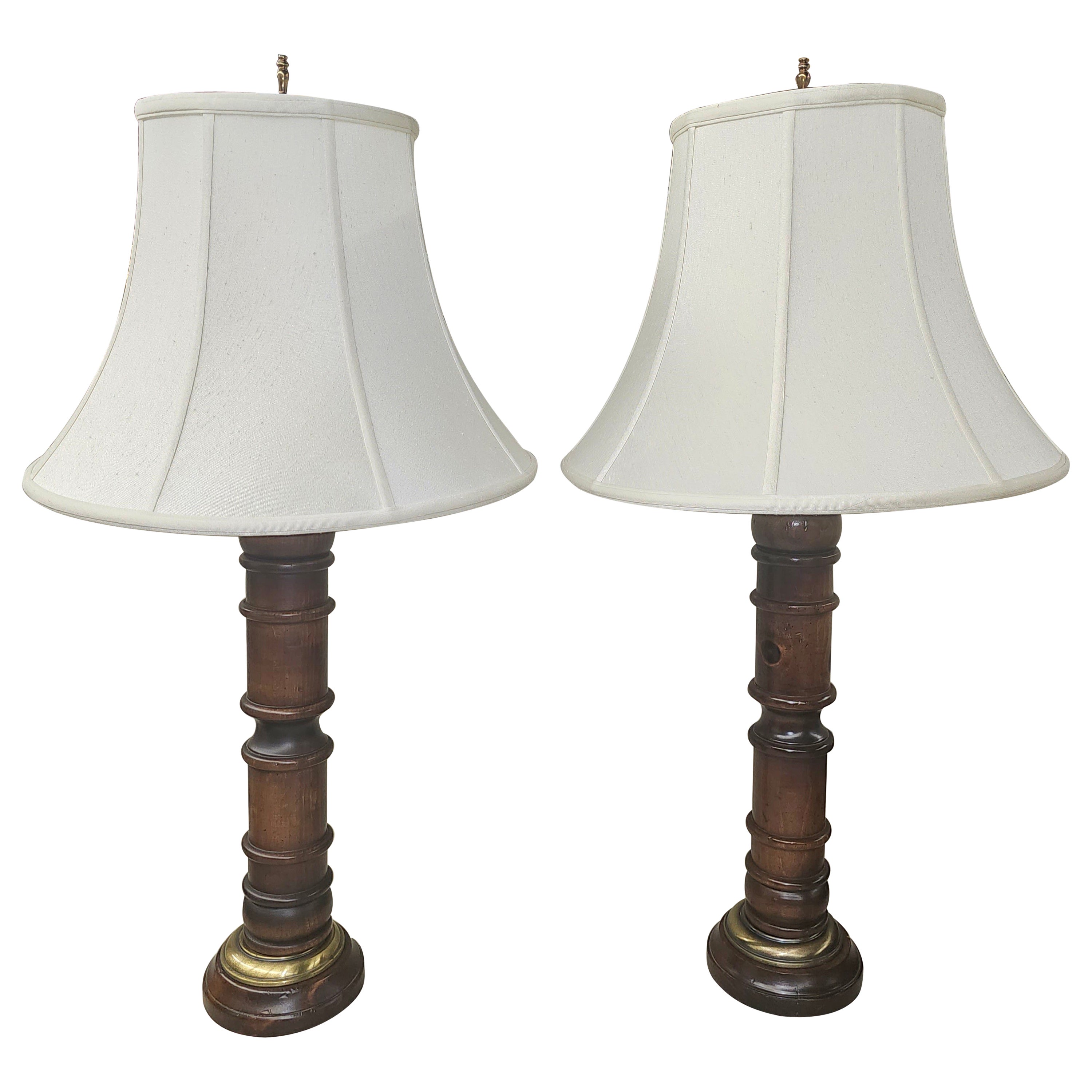 Pair Of Antiqued Pine Wood and Brass Column-Form Table Lamps For Sale