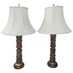 Retro Pair Of Antiqued Pine Wood and Brass Column-Form Table Lamps