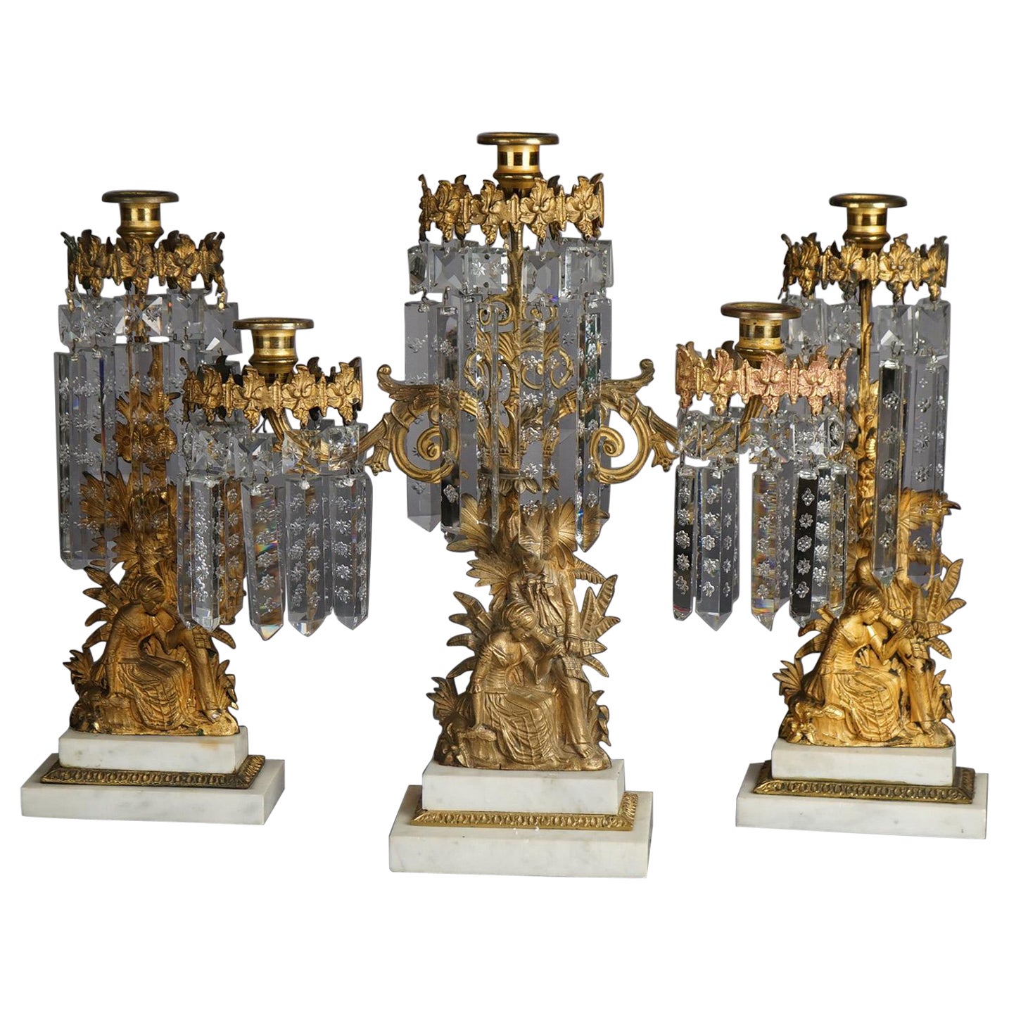 Antique Gilt Bronze American Girandole Candelabras with Marble & Crystals C1880 For Sale