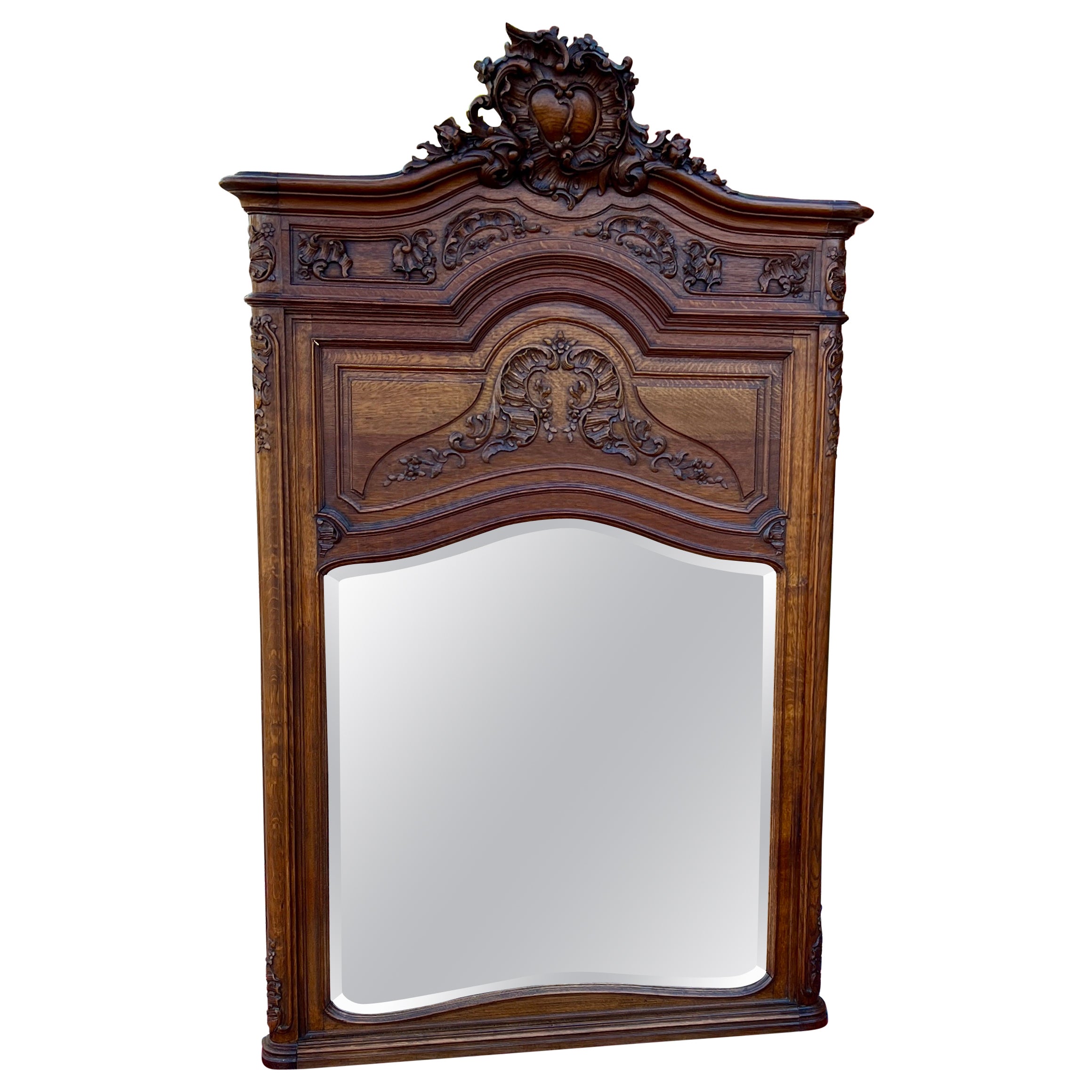 Antique French Trumeau Mirror Mantel Pier Mirror Rectangular Oak LARGE 19th C For Sale