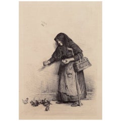 Antique Carl Bloch (1834–1890). Etching on paper. "The Woman with the Sparrows"