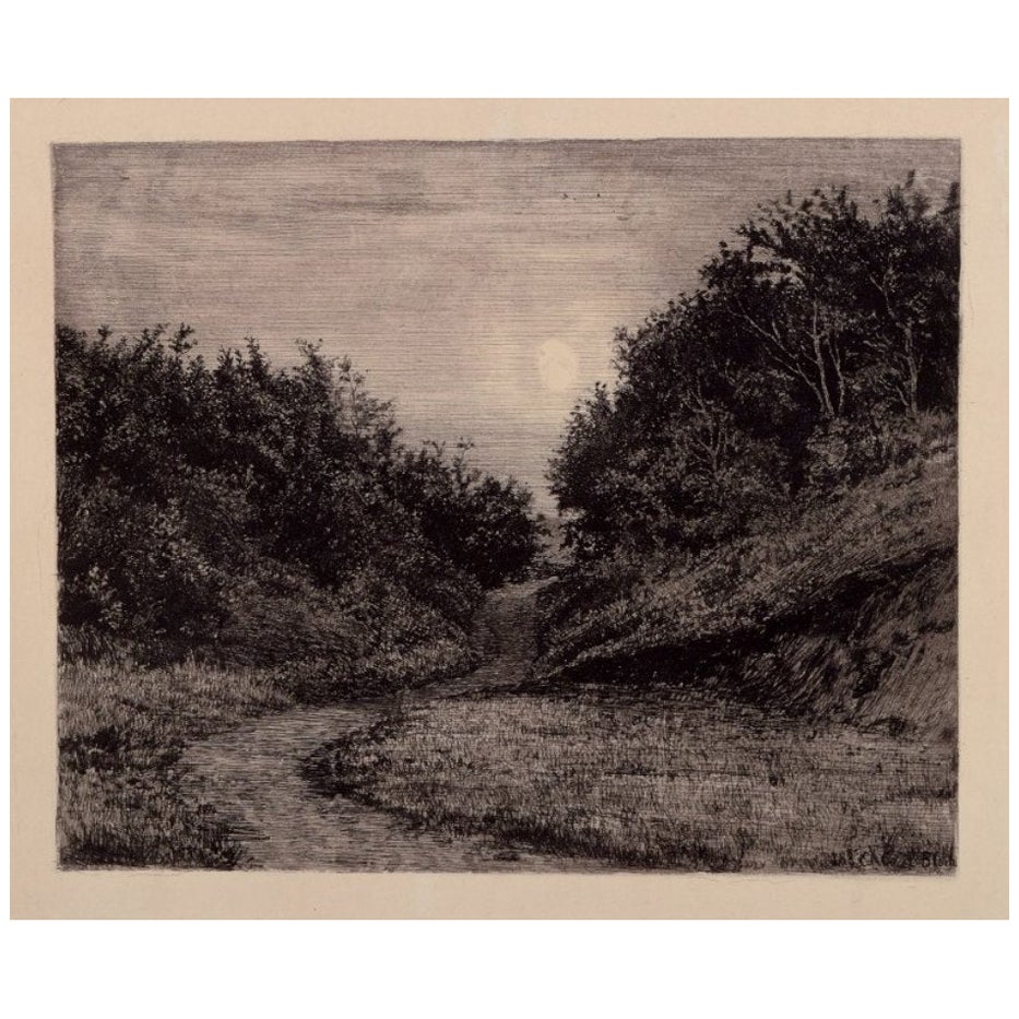 Carl Bloch (1834-1890). Gravure sur papier. Soirée d'été au clair de lune.