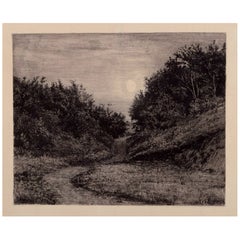 Antique Carl Bloch (1834–1890). Etching on paper. Moonlit summer evening.