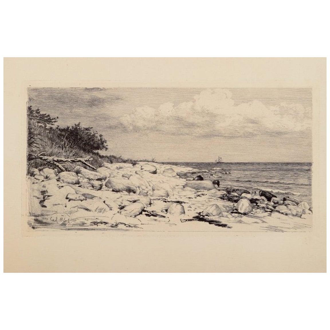 Carl Bloch (1834-1890). Gravure sur papier. Paysage côtier danois