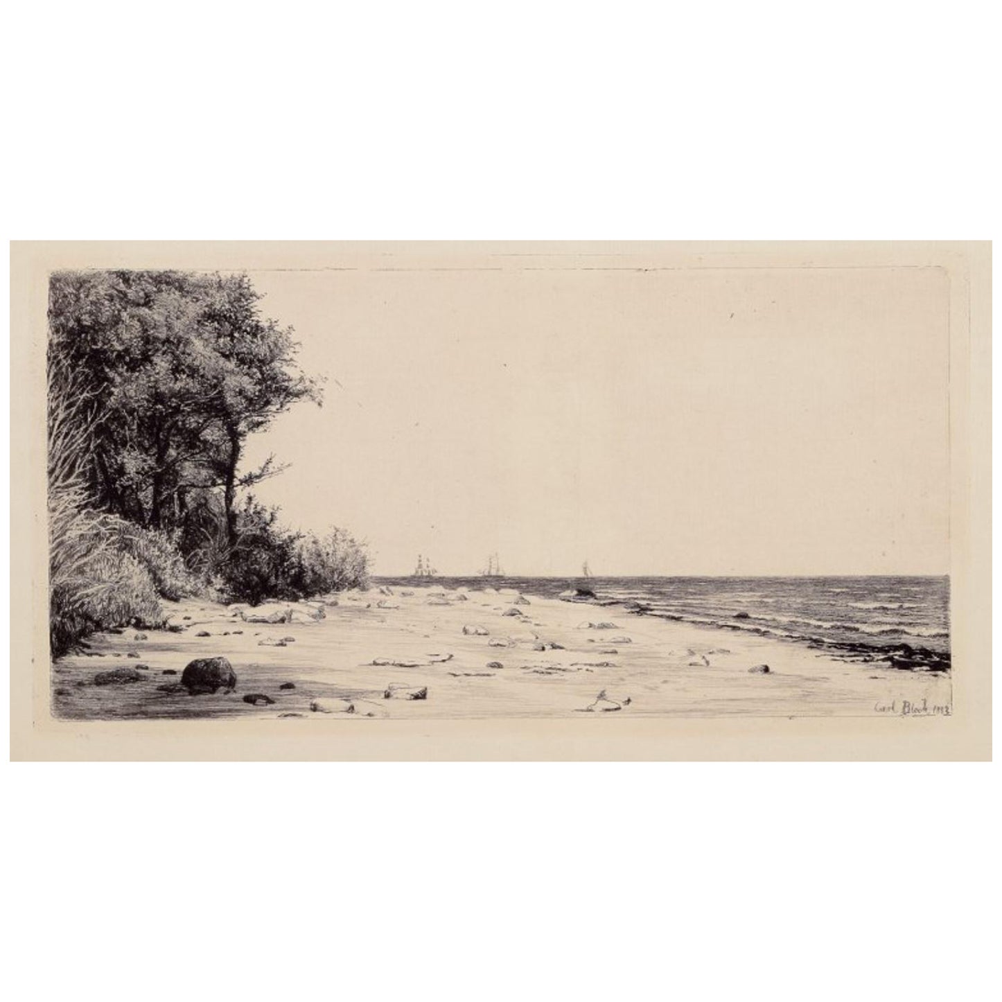 Carl Bloch (1834–1890). Etching on paper. Danish coastal scene. 