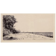 Antique Carl Bloch (1834–1890). Etching on paper. Danish coastal scene. 