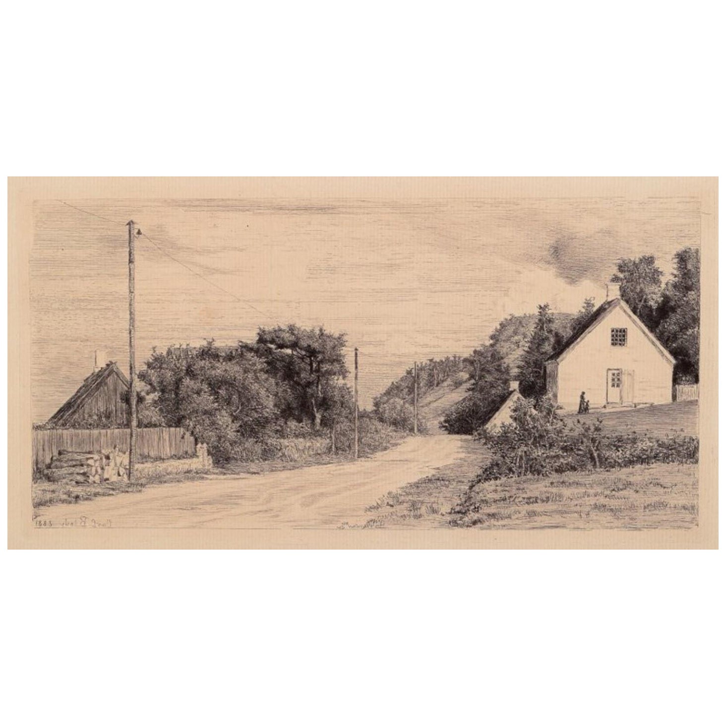 Carl Bloch (1834-1890). Gravure sur papier. Maisons au bord de la route.