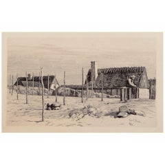 Carl Bloch (1834-1890). Gravure sur papier. Scène de village avec pêcheur assis 