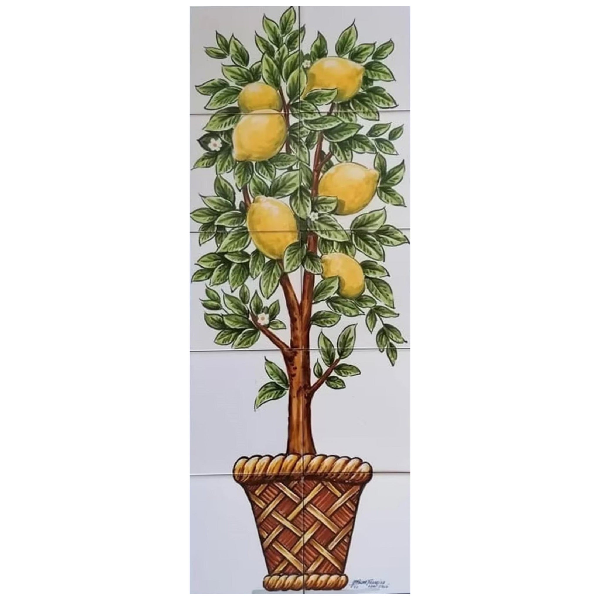 Azulejos Portuguese Hand Painted Tile Mural "Lemon Tree" Signed by Artist For Sale