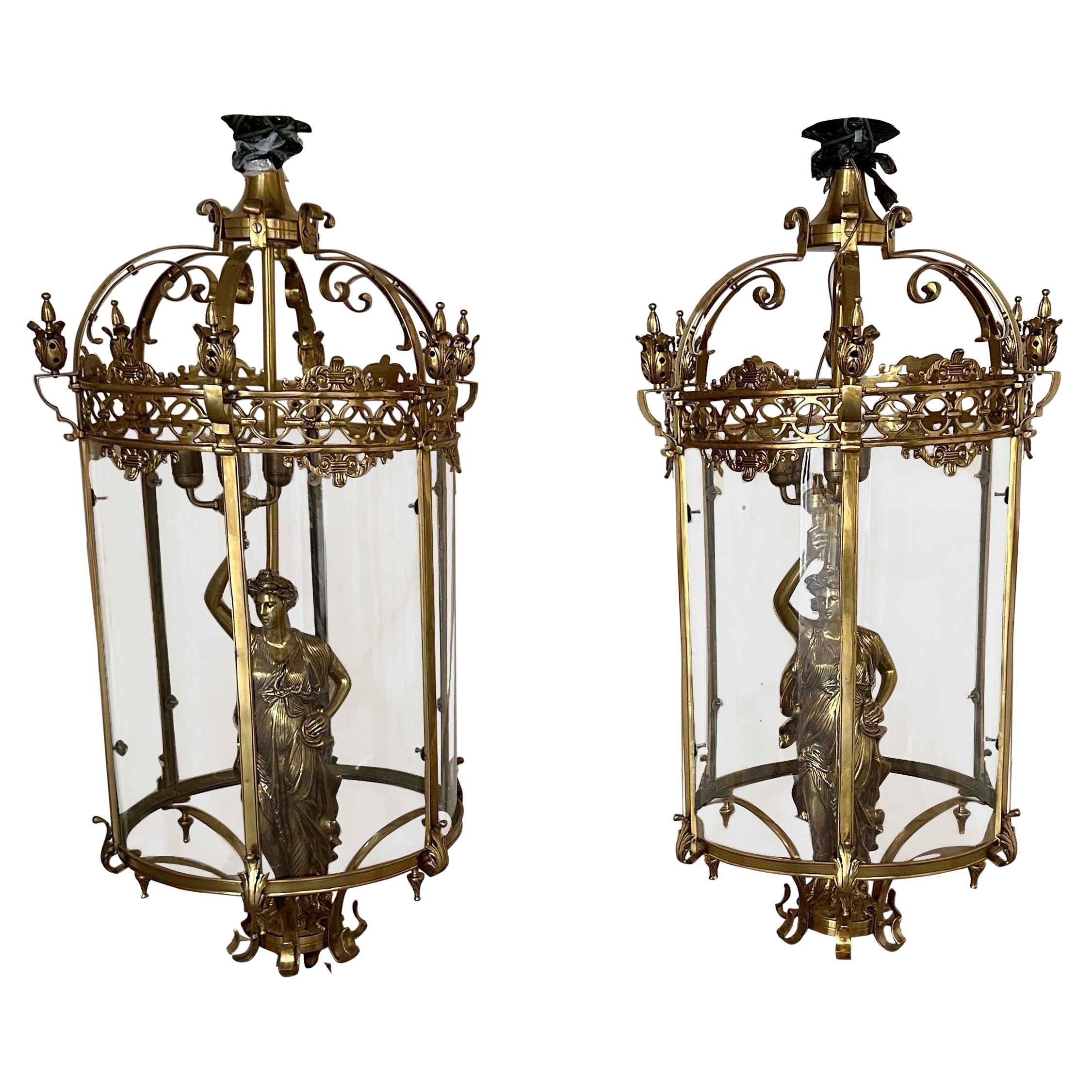 Very rare, 4ft tall liberty lanterns, brass and glass  For Sale