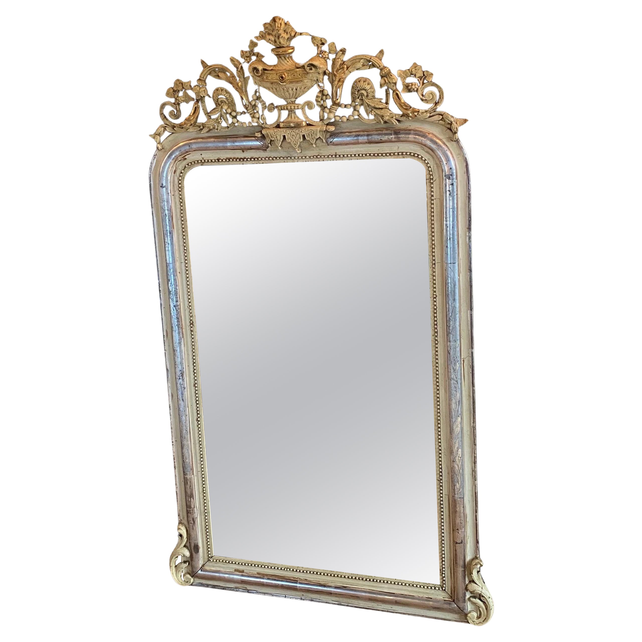 19th century silver leaf gilt French mirror with a crest For Sale