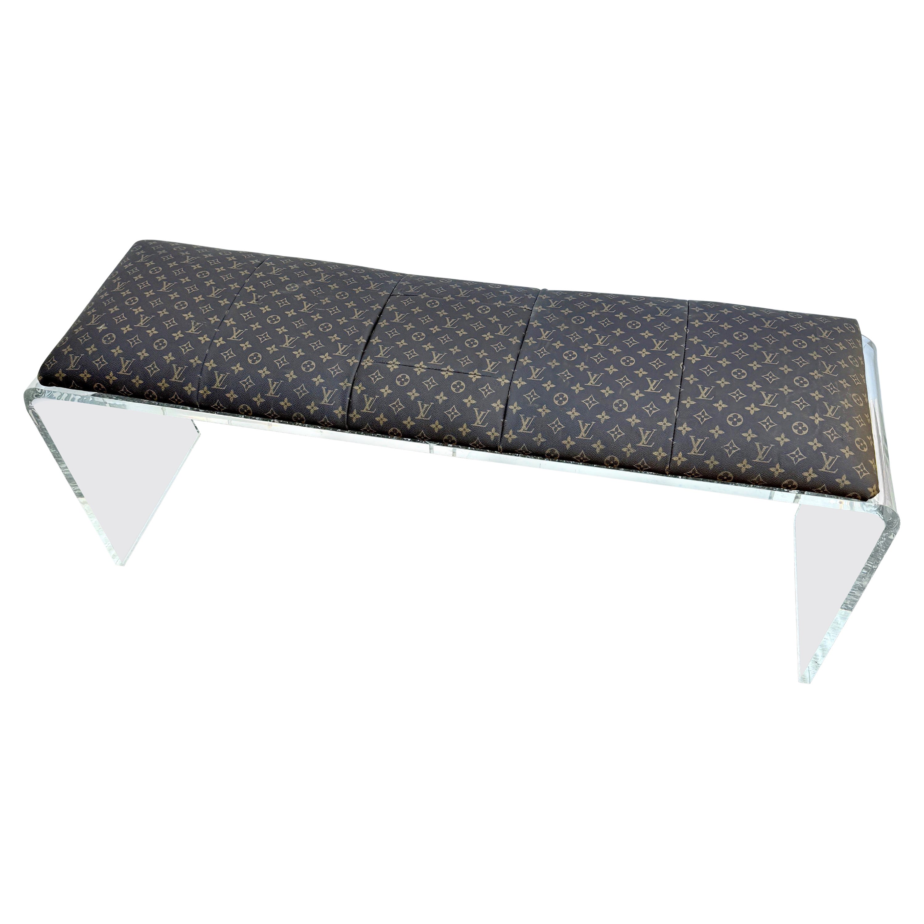 Lucite Bench Upholstered in Louis Vuitton Monogram Fabric  For Sale