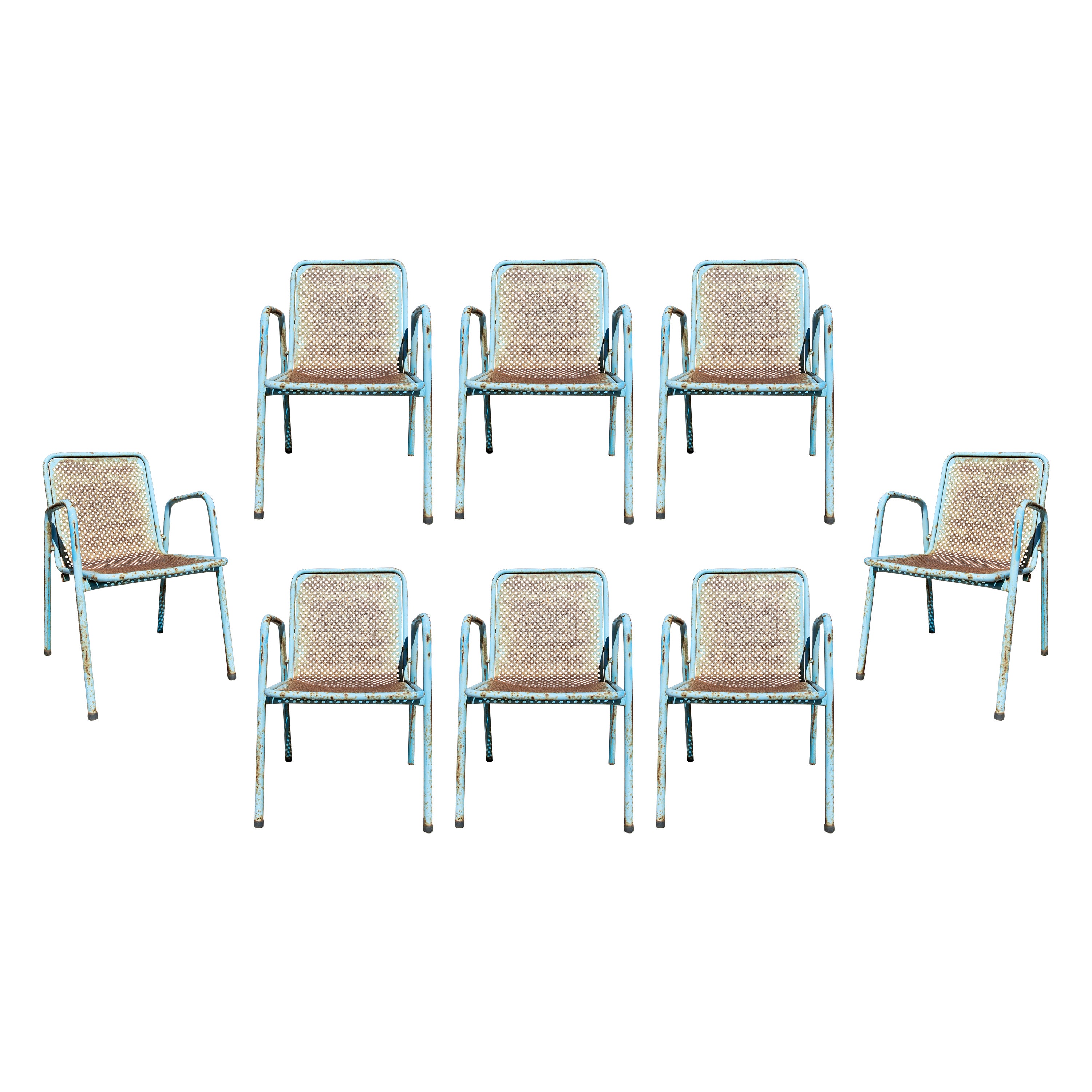 Ensemble de huit chaises de jardin en fer peint en bleu des années 1970
