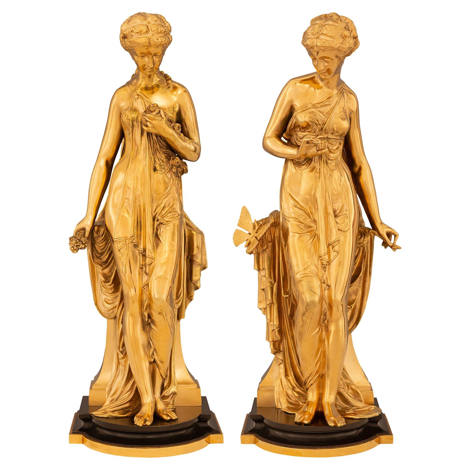 True Pair Of French 19th Century Neo-Classical St. Ormolu And Bronze Statues For Sale