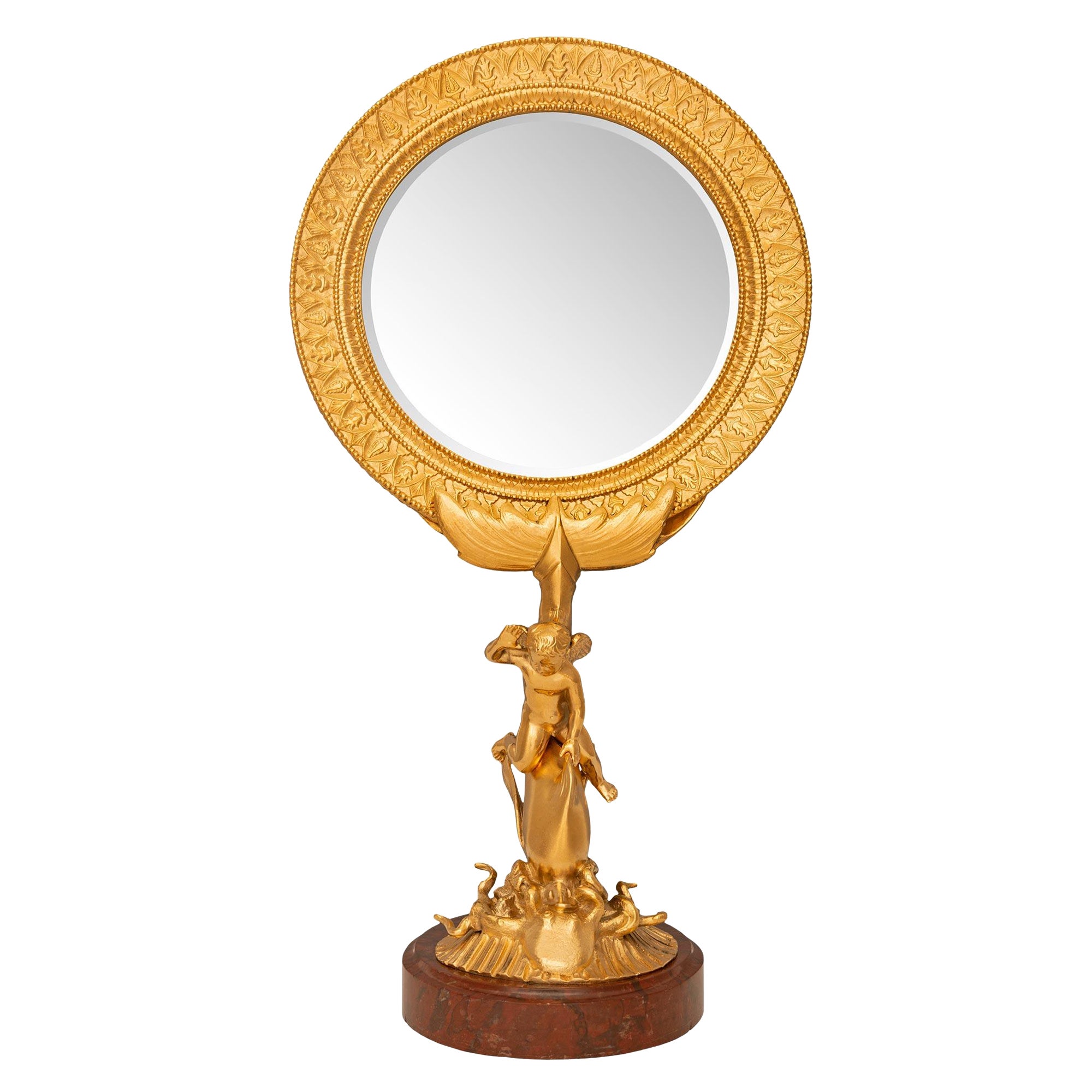 Miroir de coiffeuse français du 19ème siècle Charles X St. en bronze doré et marbre rouge griotte