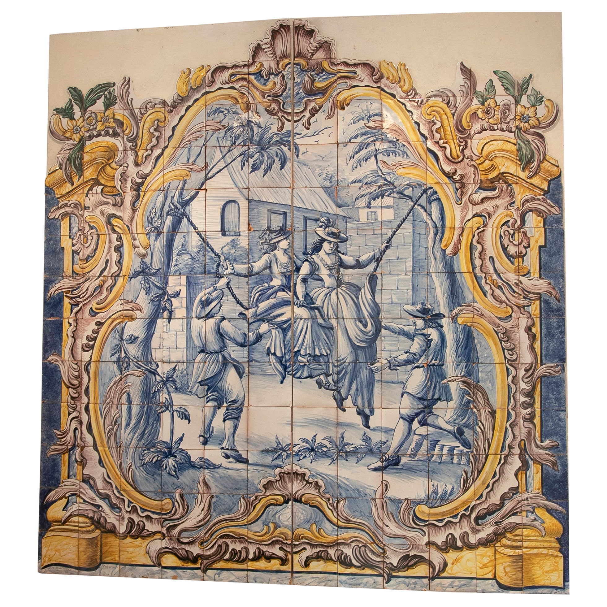 Portuguese Decorative Tile of a Folkloric Scene of Women Playing on a Swing For Sale