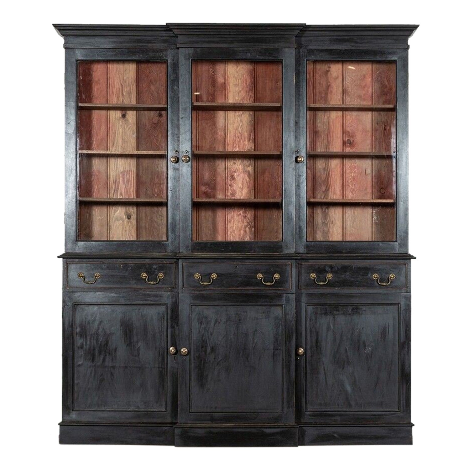 Large English Ebonised Mahogany Glazed Breakfront Bookcase