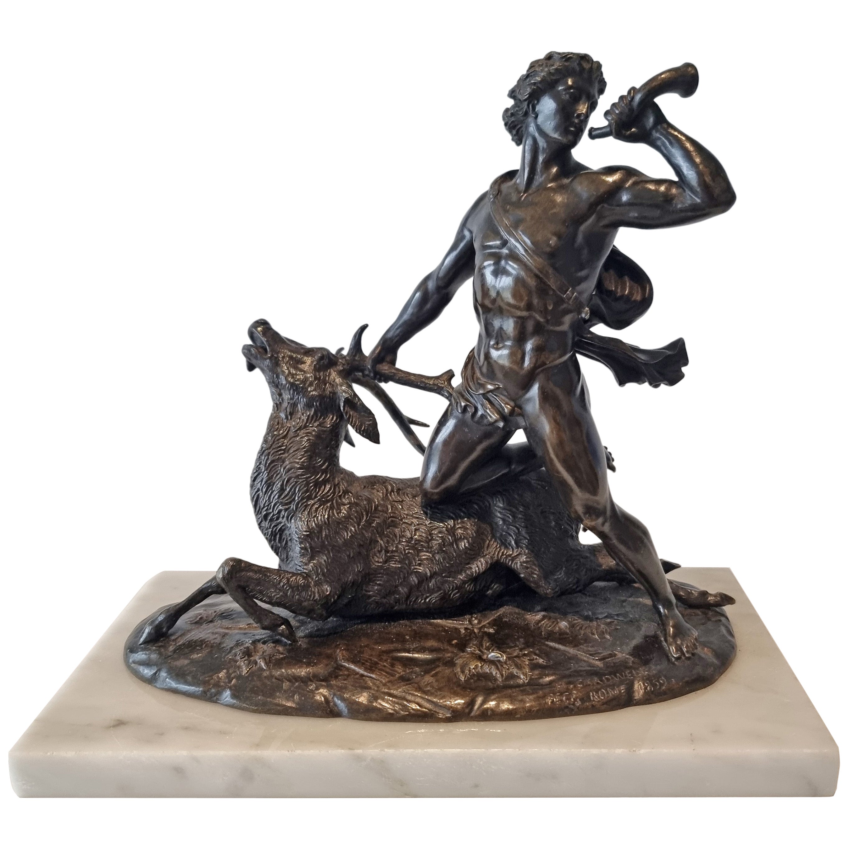 Patinated Bronze model of a huntsman and a stag by Holme Cardwell For Sale