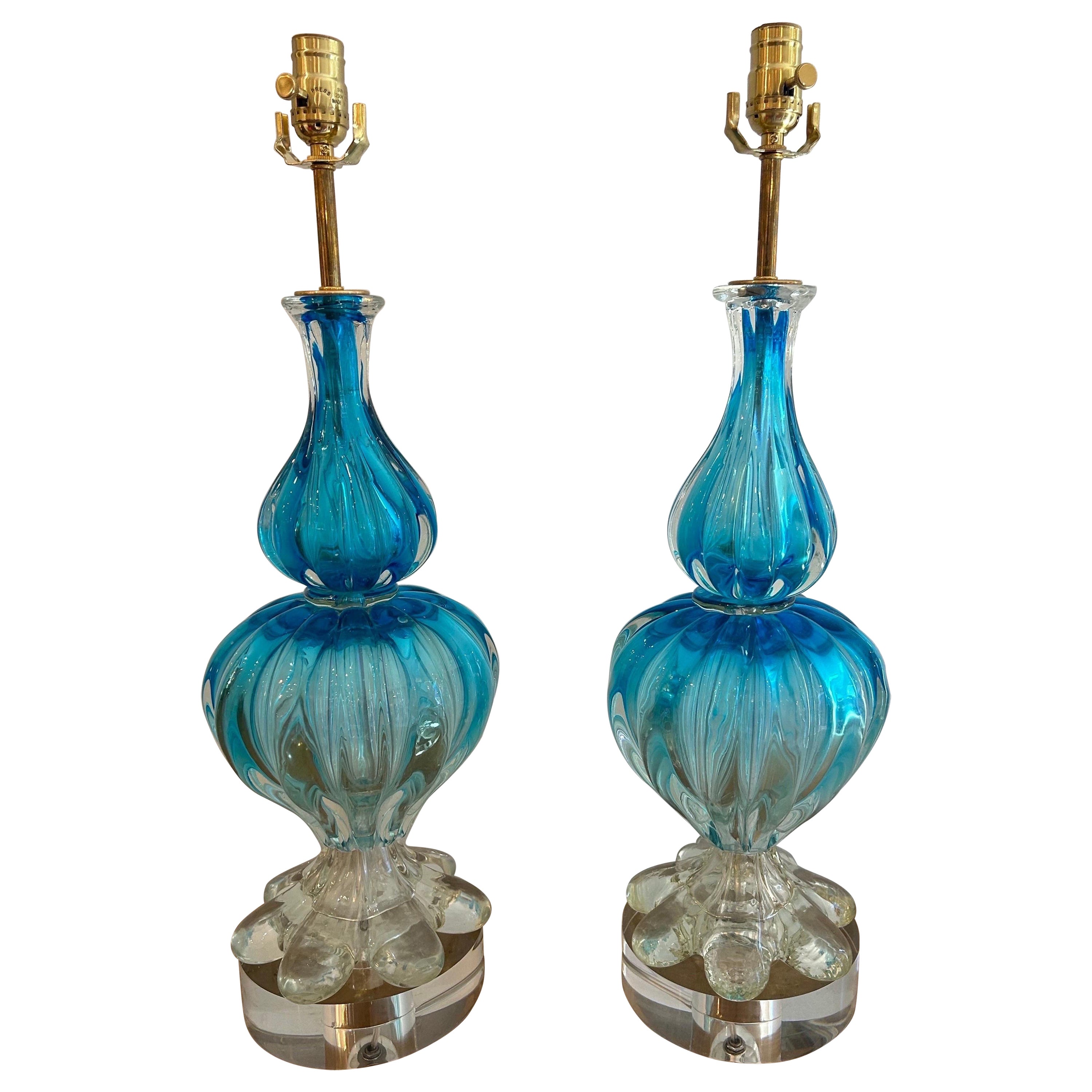 Pair of blue Murano lamps by Seguso For Sale