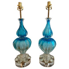 Vintage Pair of blue Murano lamps by Seguso