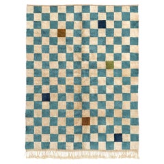 Tapis marocain Beni Mrirt bleu 9'x12', tapis Modern Chess Pattern, fait sur mesure