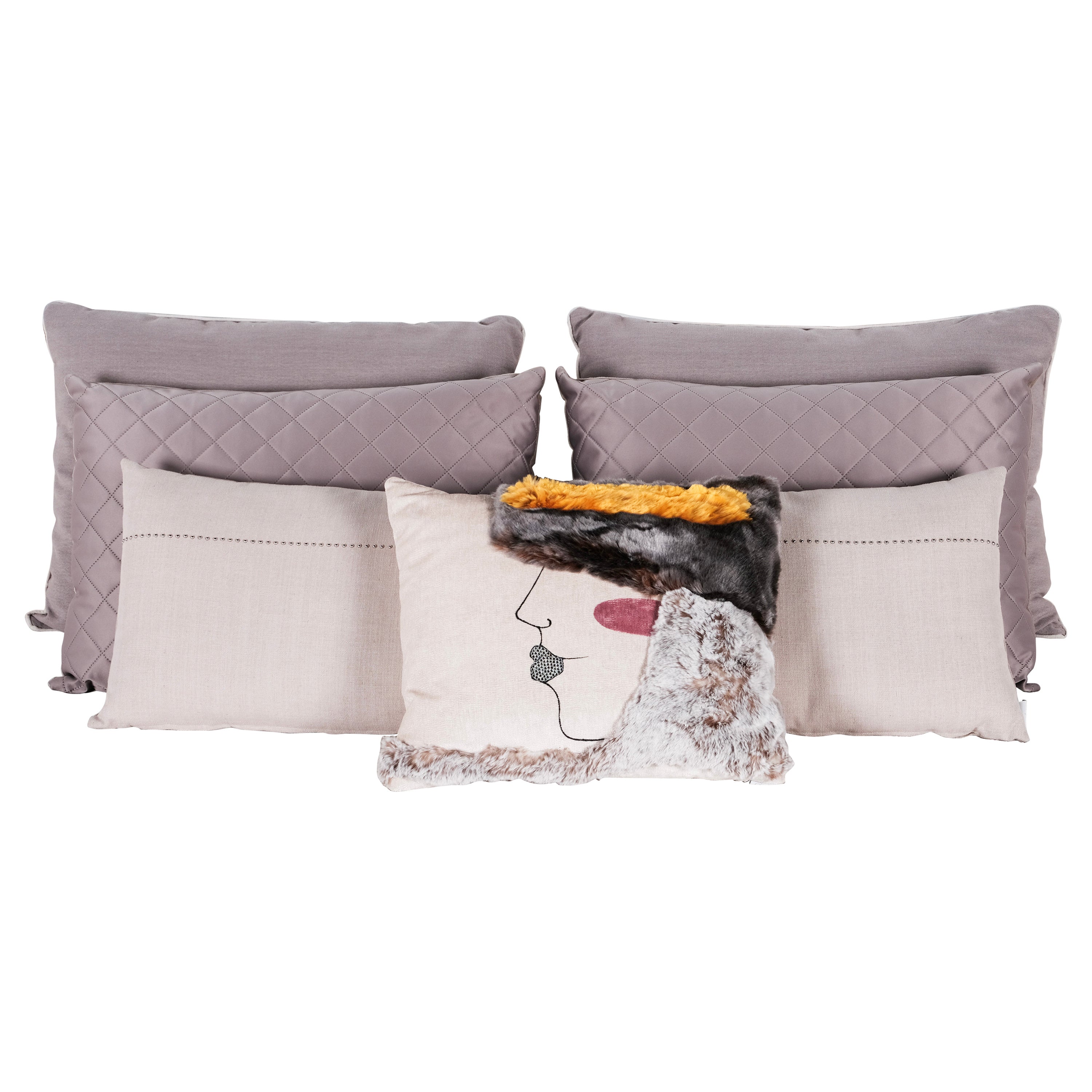 Set of 7 Decorative Pillows Pearl Cream Fur Swarovski by Lusitanus