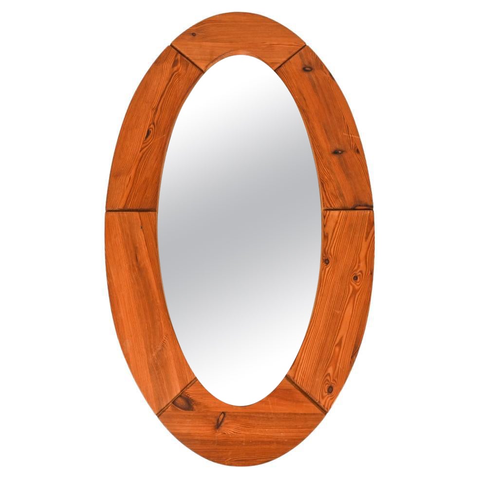 Large Swedish Modern Oval Mirror in Solid Pine; Glasmäster Markaryd, c. 1960's For Sale