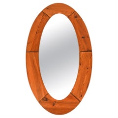 Vintage Large Swedish Modern Oval Mirror in Solid Pine; Glasmäster Markaryd, c. 1960's