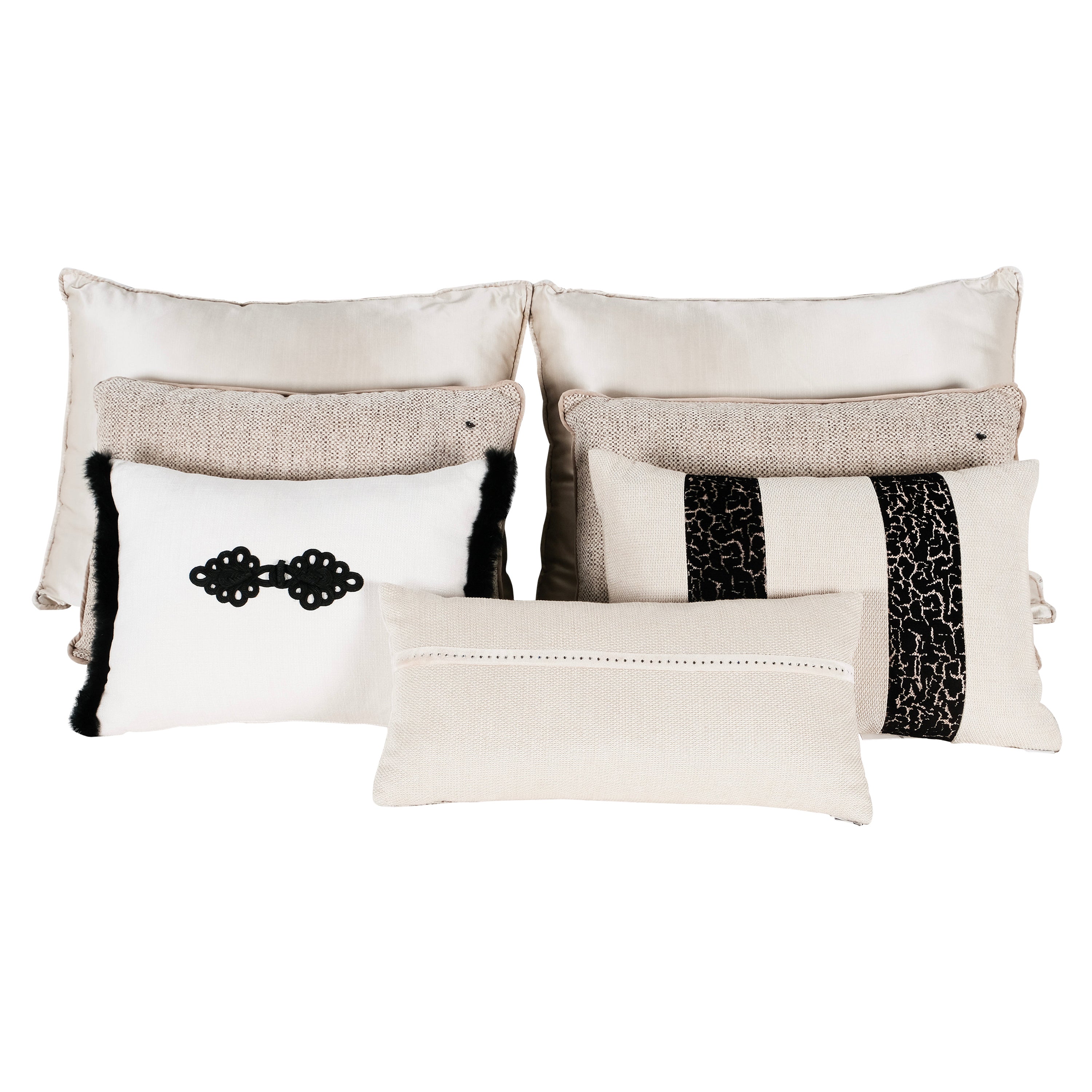 Set of 7 Decorative Pillows Pearl Cream Fur Swarovski by Lusitanus For Sale