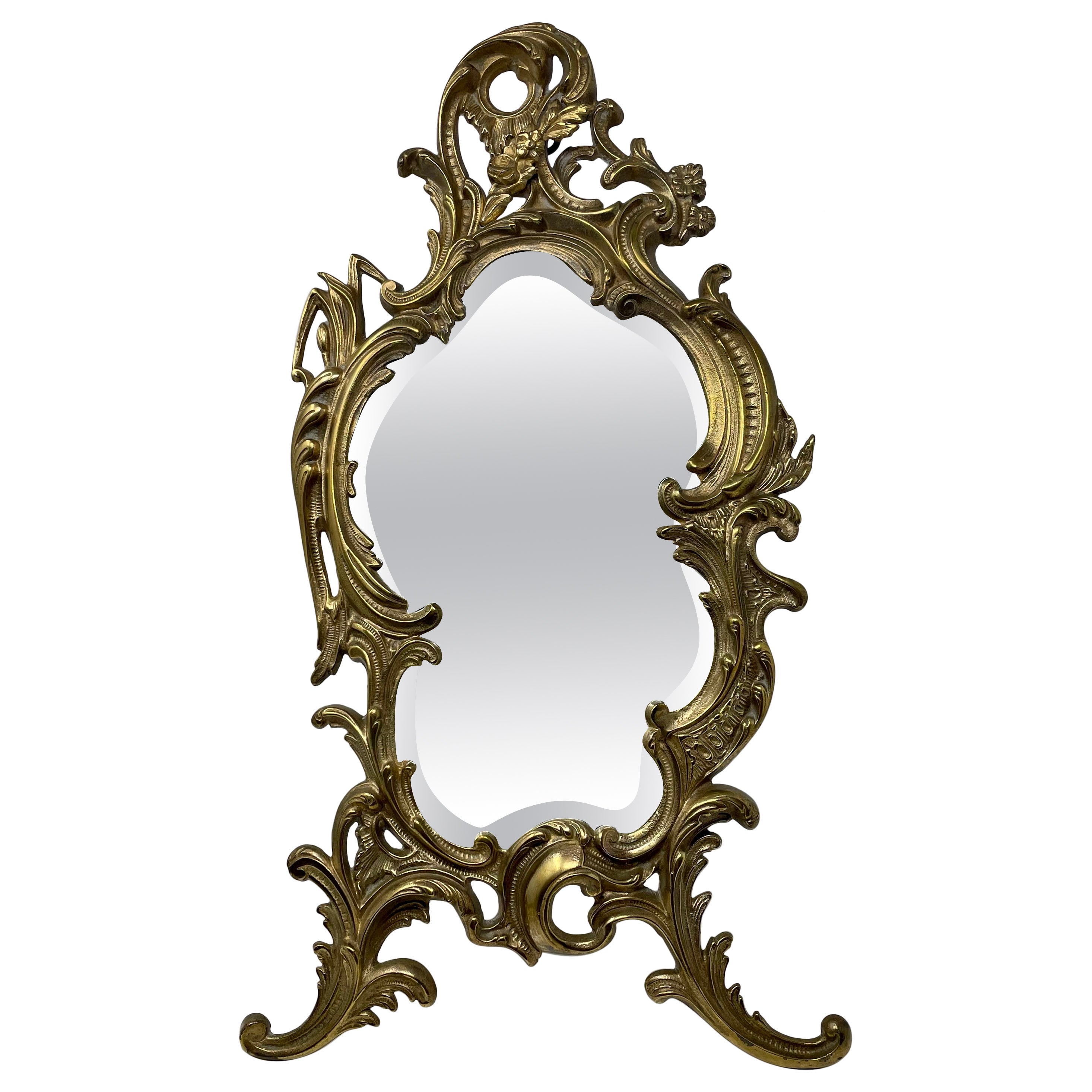 Antique French Gold Bronze Framed Table Mirror with Curve Beveling, Circa 1880.