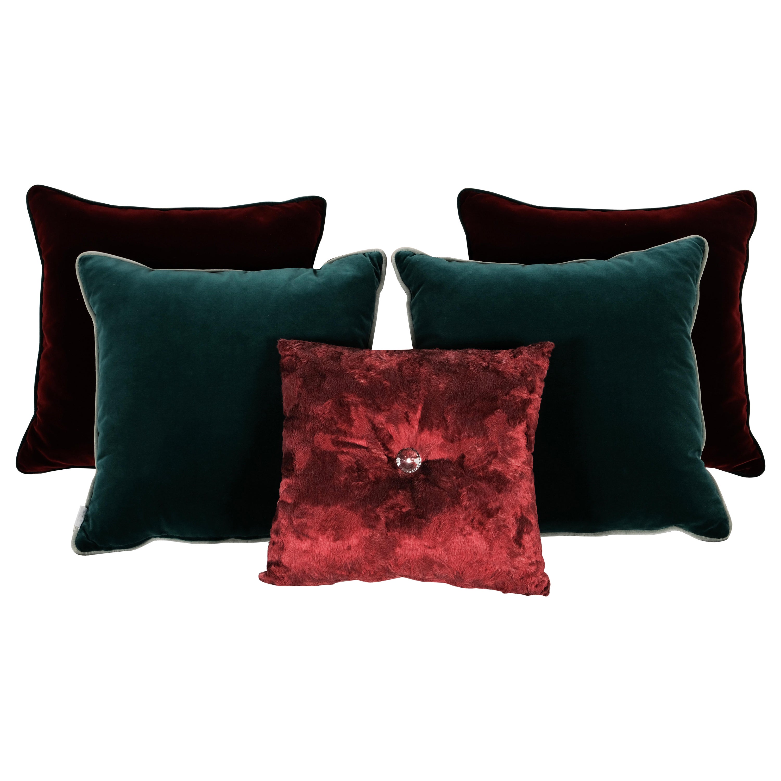 Set of 5 Decorative Pillows Red Green Velvet Faux Fur by Lusitanus For Sale