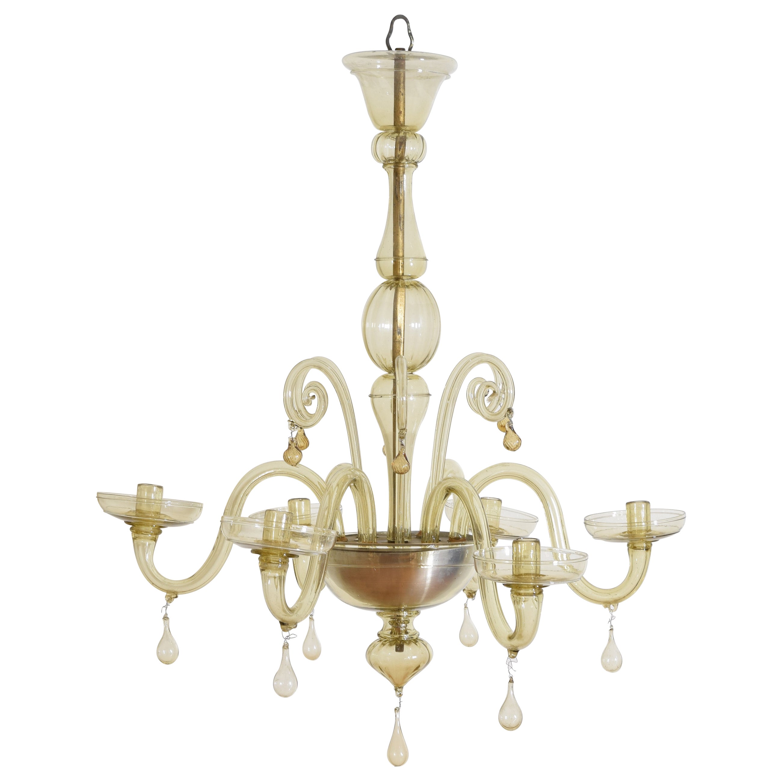 Italian, Murano, Blown Subtly Colored Glass 6-Light Chandelier, ca. 1960 For Sale