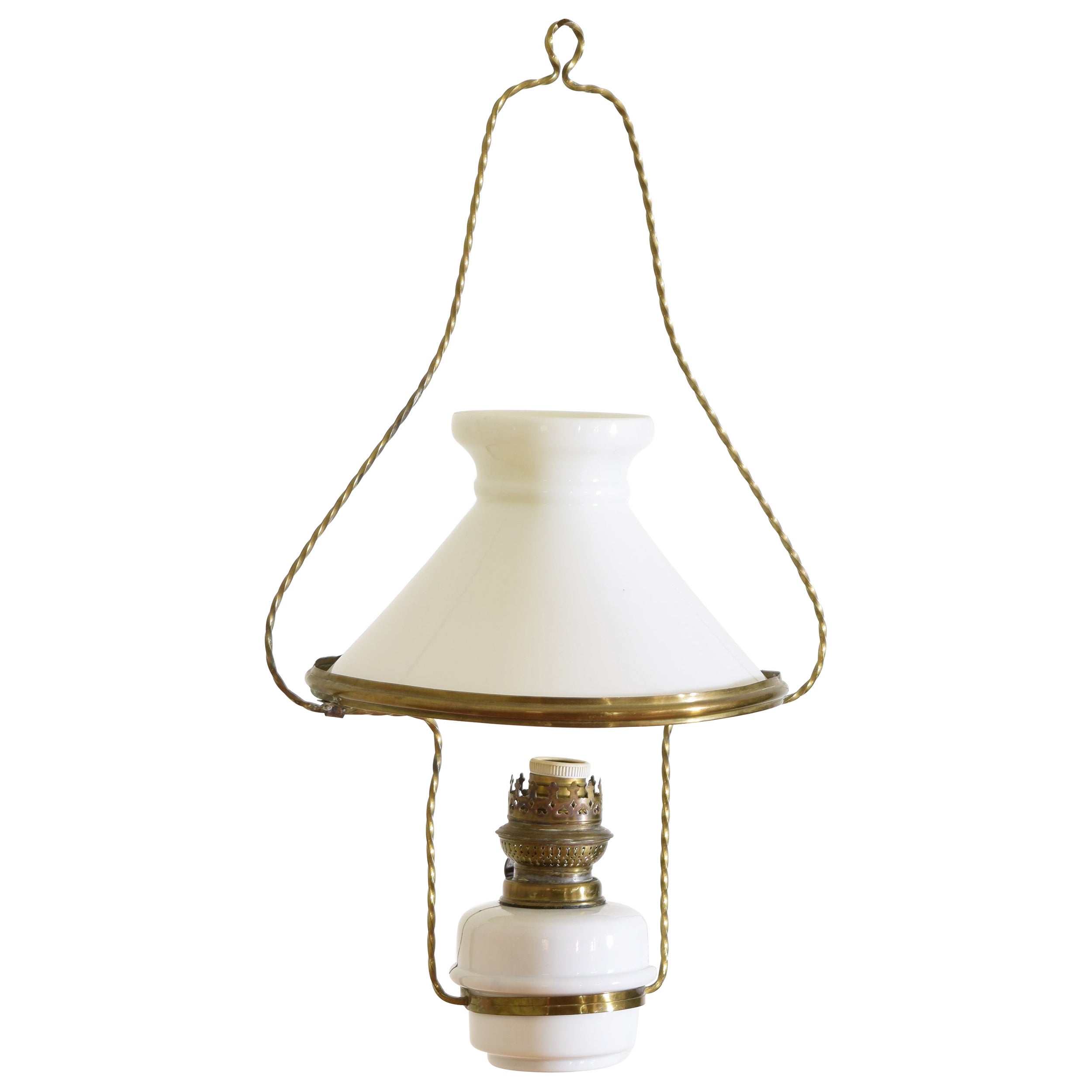 French Brass and White Glass Hanging Oil Lamp, now electrified, early 20th cen. For Sale