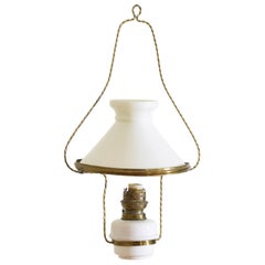 Antique French Brass and White Glass Hanging Oil Lamp, now electrified, early 20th cen.